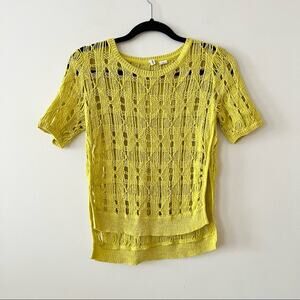 Anthropologie Moth Yellow Open Knit Side-Slit Short Sleeve Sweater